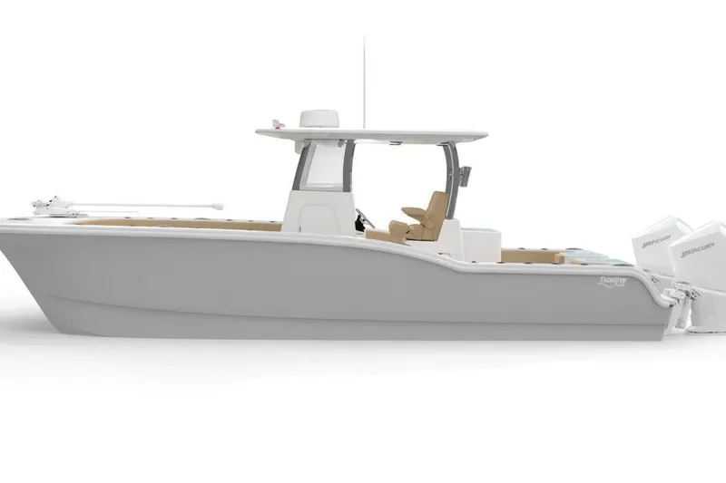 Slide: The Image of 2026 Tideline 280 Bluewater boat, sleek design, dual outboard engines, center console. - 5
