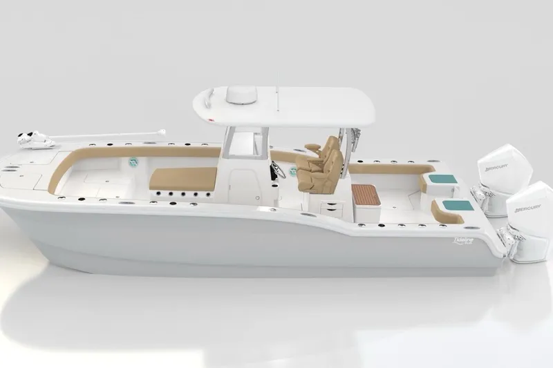 Slide: The Image of 2026 Tideline 280 Bluewater boat with dual Mercury engines, sleek design, and spacious seating. - 6