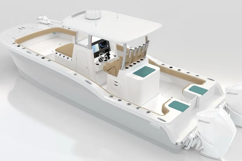 Slide: The Image of 2026 Tideline 280 Bluewater boat with dual Mercury engines, spacious deck, and modern helm. - 7
