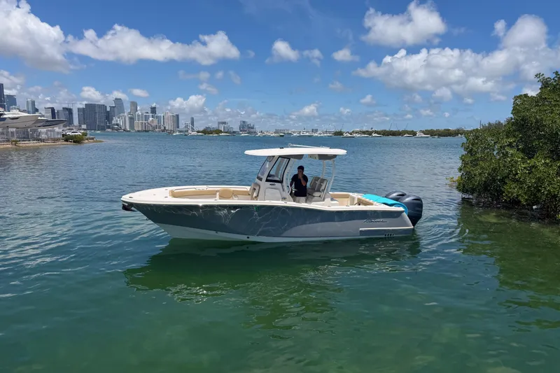 Slide: The Image of 2019 Pioneer 266 Pelagic boat on water with city skyline in background. - 10