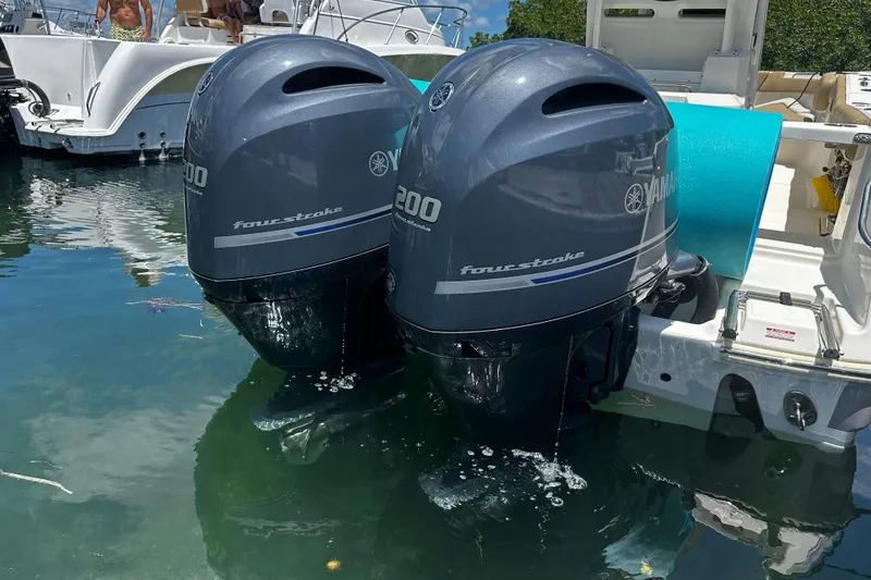 Slide: The Image of Twin Yamaha 200 four-stroke engines on a 2019 Pioneer 266 Pelagic boat in water. - 13