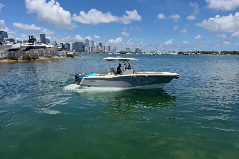 Slide: The Image of 2019 Pioneer 266 Pelagic boat cruising in a scenic waterfront cityscape. - 3