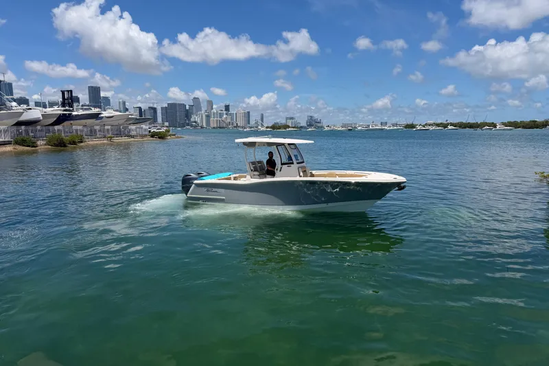 Slide: The Image of 2019 Pioneer 266 Pelagic boat cruising near city skyline under blue sky. - 4
