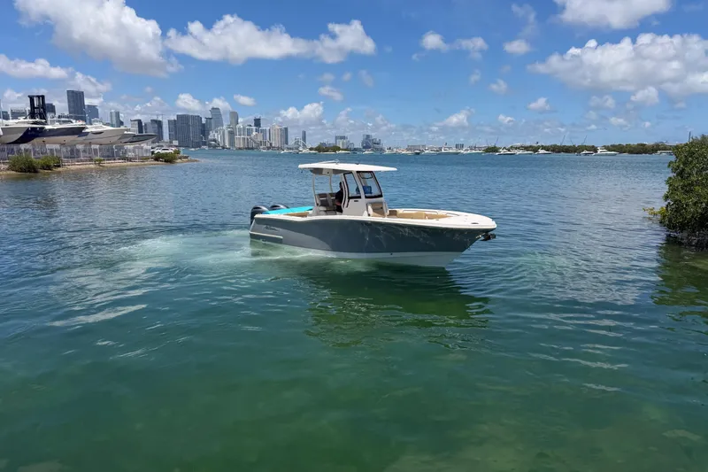 Slide: The Image of 2019 Pioneer 266 Pelagic boat cruising in clear waters with city skyline backdrop. - 5