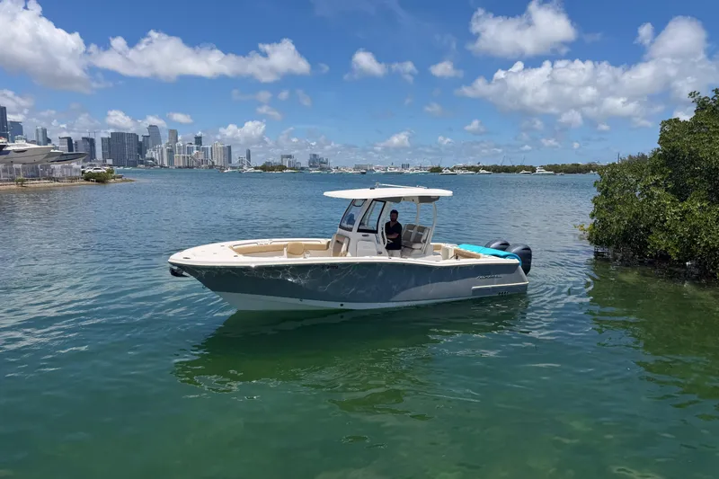 Slide: The Image of 2019 Pioneer 266 Pelagic boat on water with city skyline in background. - 9