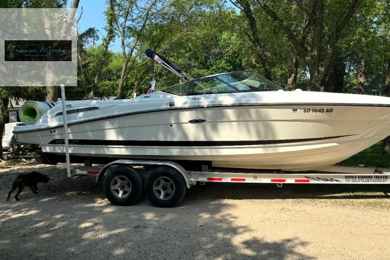 Slide: The Image of 2008 Sea Ray 270 SLX boat on trailer, surrounded by trees and a dog nearby. - 32