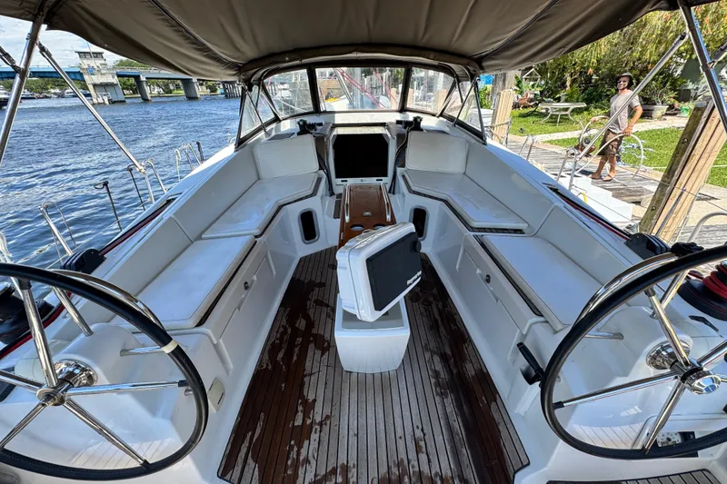 Slide: The Image of Cockpit view of 2020 Jeanneau Sun Odyssey 44 DS sailboat, featuring dual steering wheels. - 11