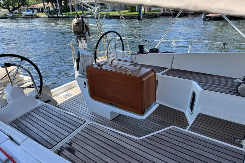 Slide: The Image of Cockpit of 2020 Jeanneau Sun Odyssey 44 DS sailboat with wooden flooring. - 6
