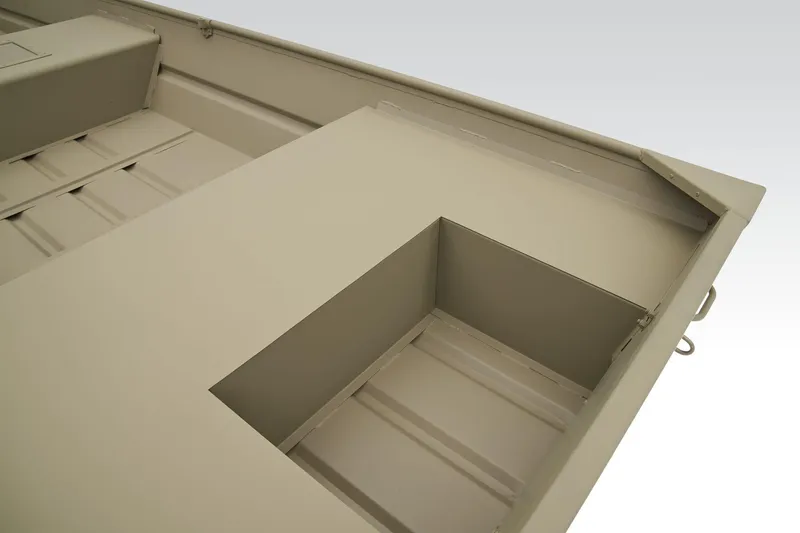 Slide: The Image of Manufacturer Provided Image: 2026 Tracker Grizzly 15 Jon boat interior, showcasing storage compartment and seating area. - 13