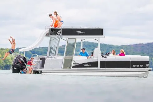 Slide: The Image of Manufacturer Provided Image: 2017 Tahoe Pontoon Cascade Platinum Funship Cruise 25' with slide on lake. - 10