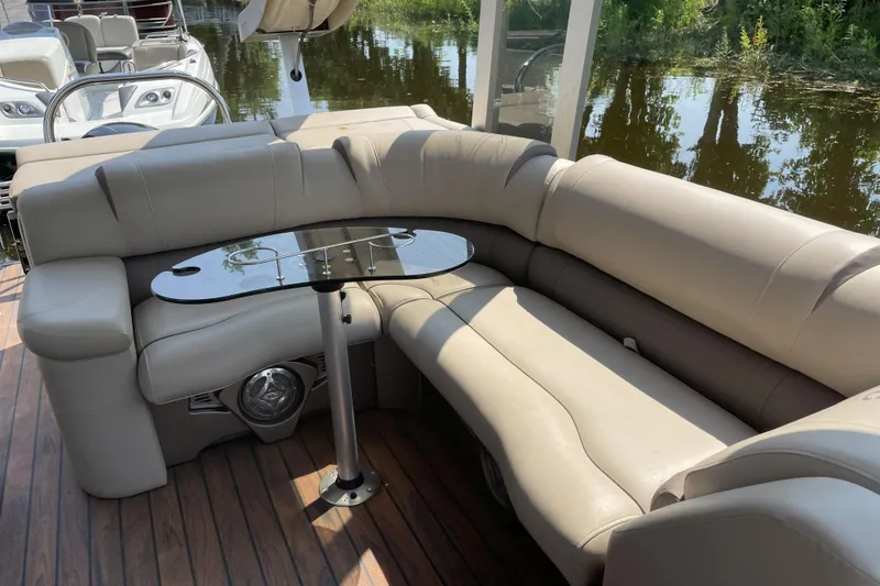 Slide: The Image of Luxurious seating area on a 2017 Tahoe Pontoon Cascade Platinum Funship Cruise, featuring elegant design. - 8