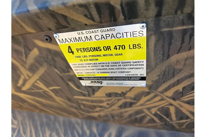 Slide: The Image of U.S. Coast Guard capacity label on 2026 G3 Gator Tough 17 CC boat. - 11