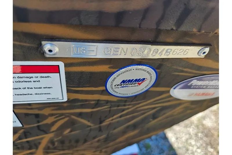 Slide: The Image of Hull identification number on G3 Gator Tough 17 CC boat, 2026 model, with certification stickers. - 18