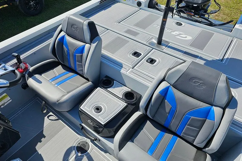 Slide: The Image of 2026 G3 Sportsman 1810 SE boat interior with stylish blue and gray seating. - 14