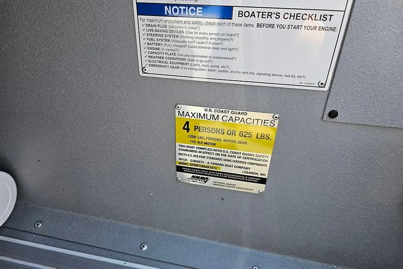 Slide: The Image of 2026 G3 Sportsman 1810 SE boat capacity label, maximum 4 persons or 625 lbs. - 17