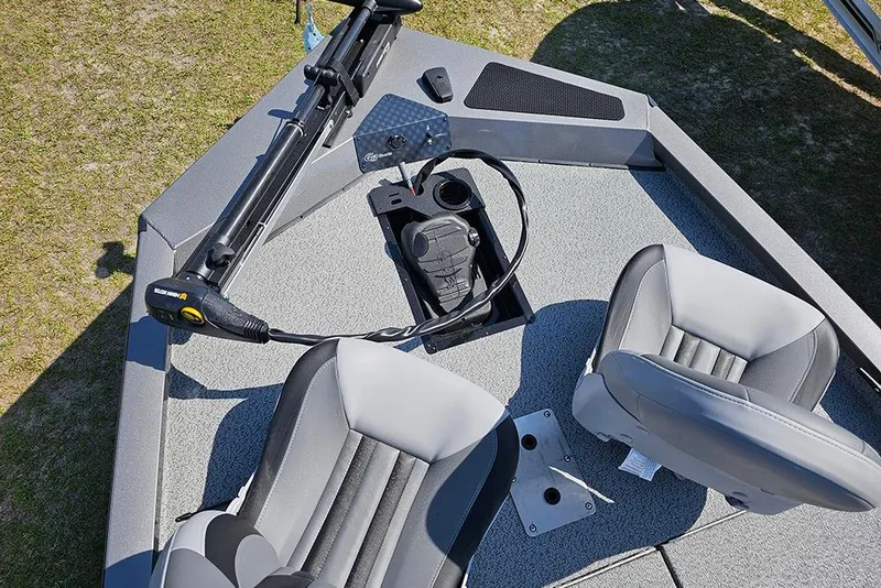 Slide: The Image of 2026 G3 Sportsman 1710 boat interior with dual seats and trolling motor. - 22