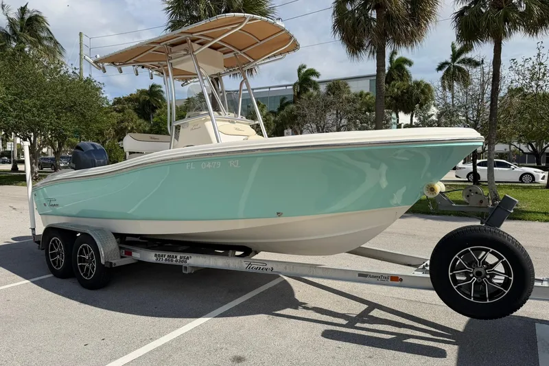 The Image of 2017 Pioneer 202 Islander boat on trailer, parked outdoors with palm trees in background. - 1