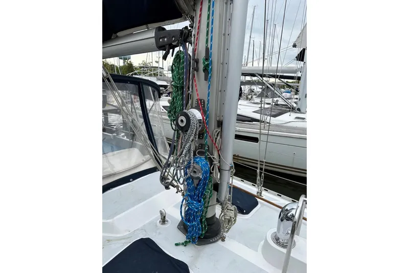 Slide: The Image of Sailboat deck with colorful ropes and winch, Hylas 44, 1989 model. - 23