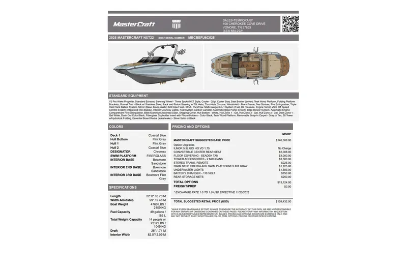 Slide: The Image of 2025 MasterCraft NXT22 boat specifications and pricing details sheet. - 14