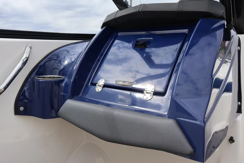 Slide: The Image of 2018 Larson LX 195 I/O boat interior detail with blue and white design. - 52