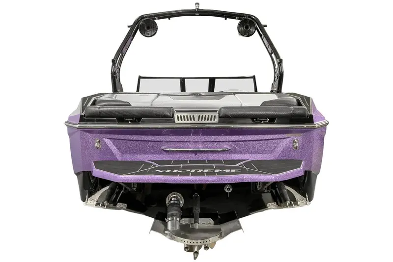 Slide: The Image of Manufacturer Provided Image: 2024 Supreme S220 boat, rear view, purple exterior, wakeboard tower, and swim platform. - 3