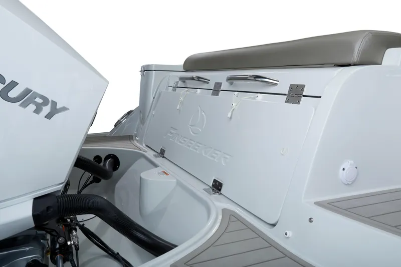 Slide: The Image of 2024 Finseeker by Crownline 280 DC boat stern storage access flipped up - 30