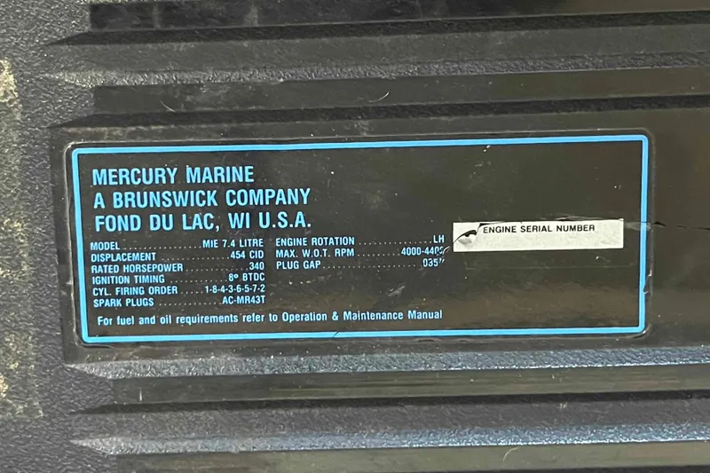 Slide: The Image of Mercury Marine engine specifications label for 1989 Sea Ray 380 Aft Cabin. - 22