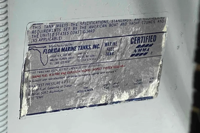 Slide: The Image of Label on a 1989 Sea Ray 380 Aft Cabin marine fuel tank by Florida Marine Tanks. - 28