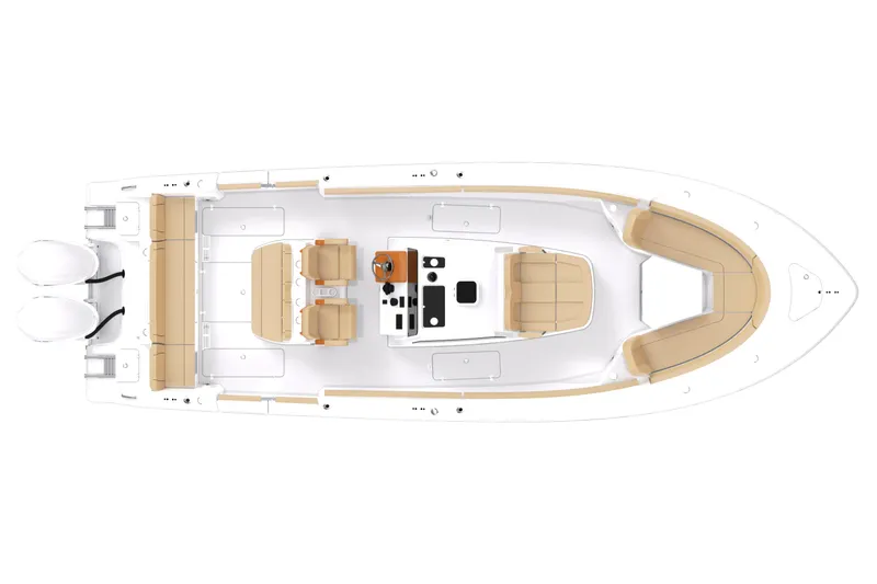 Slide: The Image of Manufacturer Provided Image: 2025 Sportsman Heritage 321 Center Console boat, top view, beige seating, dual engines. - 11