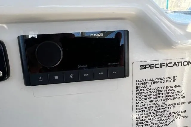 Slide: The Image of Fusion audio system and specifications panel on a 2014 Sailfish 270 CC boat. - 4