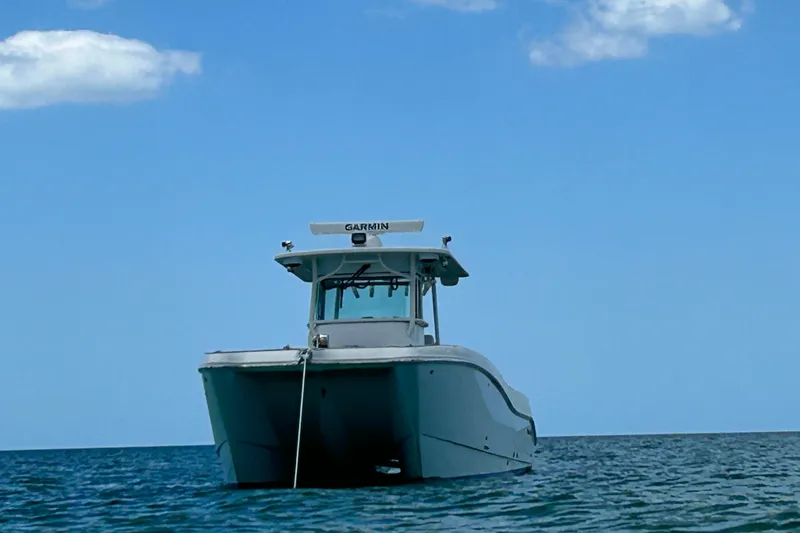 Slide: The Image of 2018 World Cat 320 CC boat on open water under clear blue sky. - 3