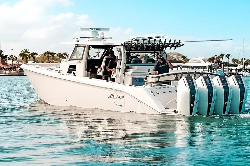 The Image of Solace 42CS 2026 boat with four outboard engines on the water. - 0