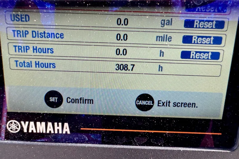 Slide: The Image of Yamaha display showing trip data and total hours for 2019 Pioneer 222 Sportfish. - 13