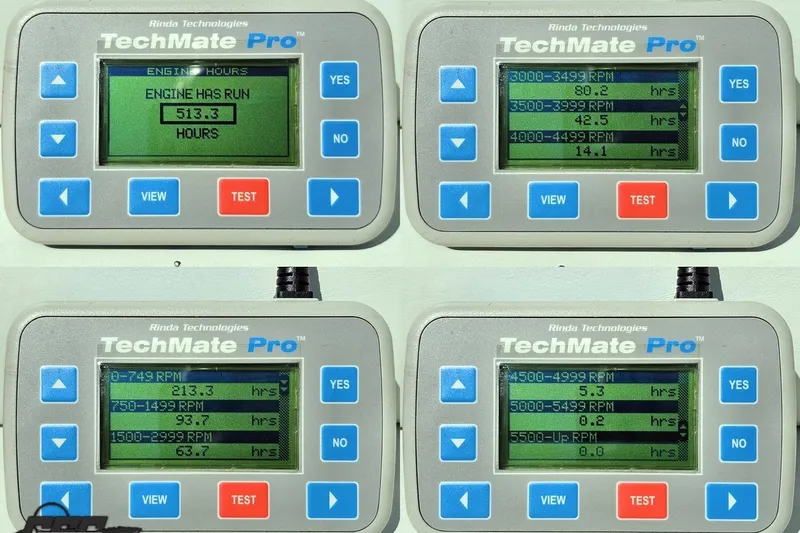 Slide: The Image of TechMate Pro displays engine hours and RPM data for 2001 Powerquest 340 Vyper. - 108