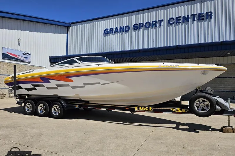 Slide: The Image of 2001 Powerquest 340 Vyper boat on trailer at Grand Sport Center. - 12