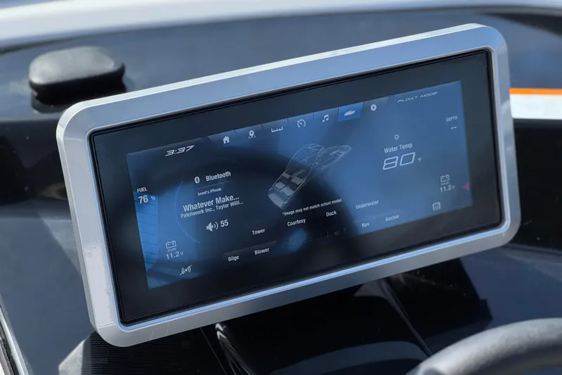 Slide: The Image of 2024 Yamaha Boats 252XE touchscreen display showing Bluetooth and water temperature settings. - 41