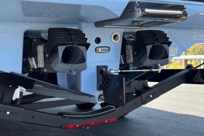 Slide: The Image of 2024 Yamaha Boats 252XE jet propulsion system close-up on trailer. - 9