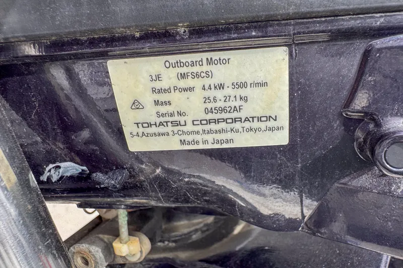 Slide: The Image of Label on Tohatsu outboard motor, 4.4 kW, serial 045962AF, made in Japan. - 47