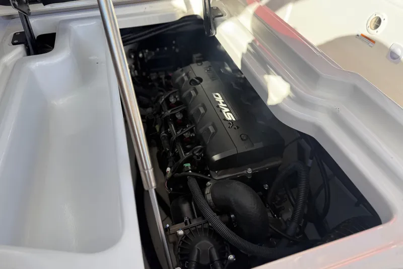 Slide: The Image of 2024 Yamaha Boats 275SD engine compartment showcasing powerful motor and sleek design. - 38