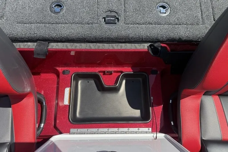 Slide: The Image of Interior view of 2026 Nitro Z20 XL Pro boat, featuring red and black seating and storage compartments. - 20