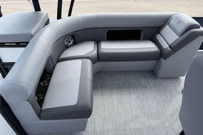 Slide: The Image of Luxurious seating on the 2025 Premier 250 Solaris Upper Deck - CL pontoon boat. - 6