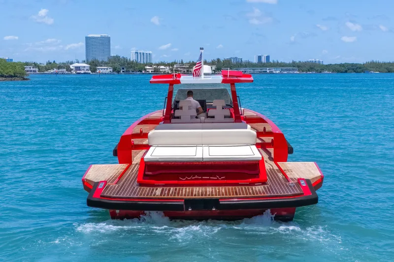 The Image of Red 2021 Wally 48 yacht cruising on blue waters near a city skyline. - 0