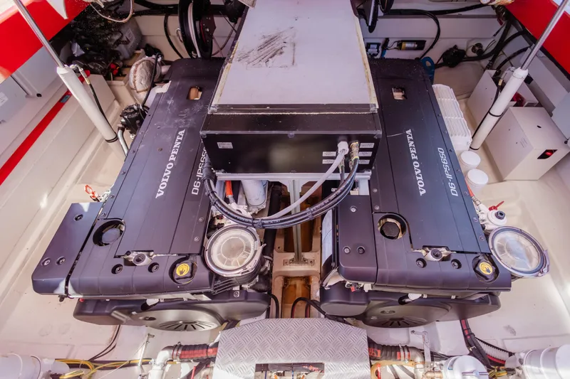 Slide: The Image of Engine room of a 2021 Wally 48 yacht featuring dual Volvo Penta D6-IPS650 engines. - 57