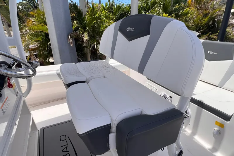 Slide: The Image of 2022 Robalo 246 Cayman boat interior with white and gray seating, surrounded by lush greenery. - 11