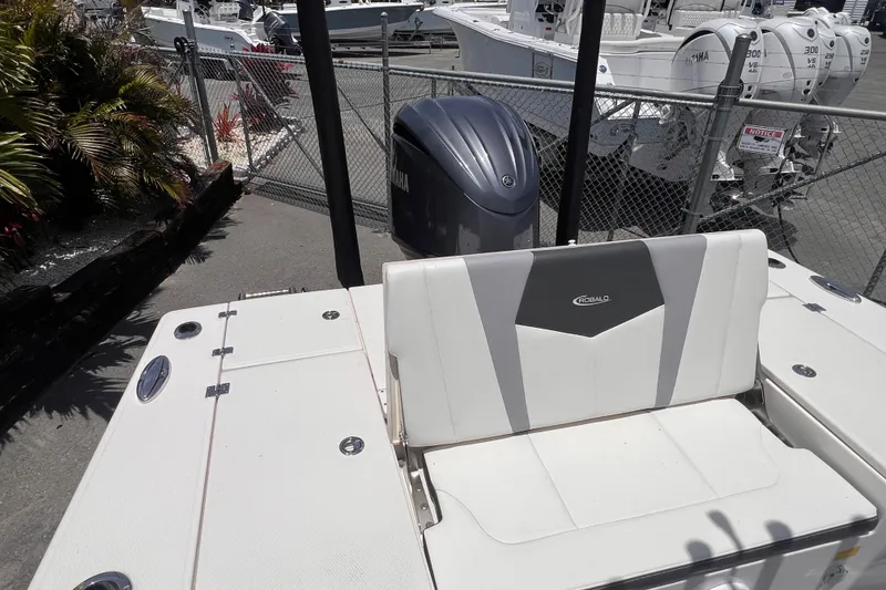 Slide: The Image of 2022 Robalo 246 Cayman boat with Yamaha engine, docked near other boats. - 17