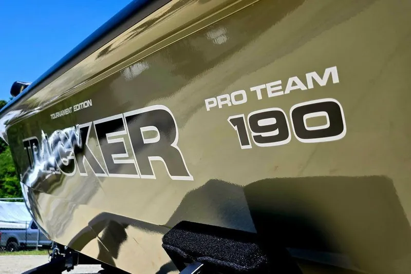 Slide: The Image of 2026 Tracker Pro Team 190 boat, Tournament Edition, close-up view of branding. - 18