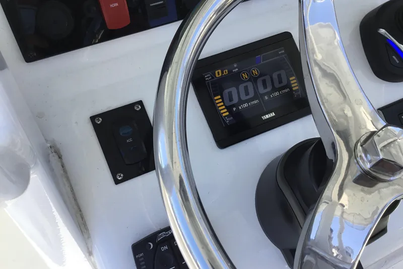 Slide: The Image of Steering console of 2024 Sea Hunt Gamefish 28 Coffin Box with Yamaha display. - 55