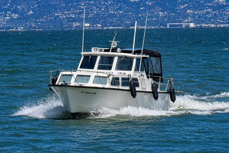 Slide: The Image of 1975 Apollo 32 Deluxe TT boat cruising near a navigation marker in open water. - 2