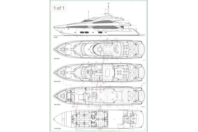 Slide: The Image of Blueprint of 2014 Sunseeker 131 Yacht showing profile and deck layouts. - 3
