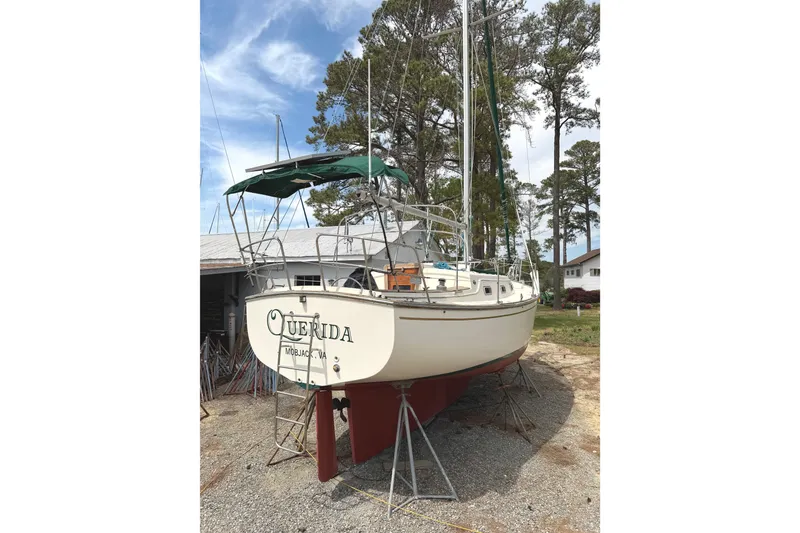 Slide: The Image of 1984 Island Packet sailboat on stands, named "Querida," with trees and buildings in the background. - 2